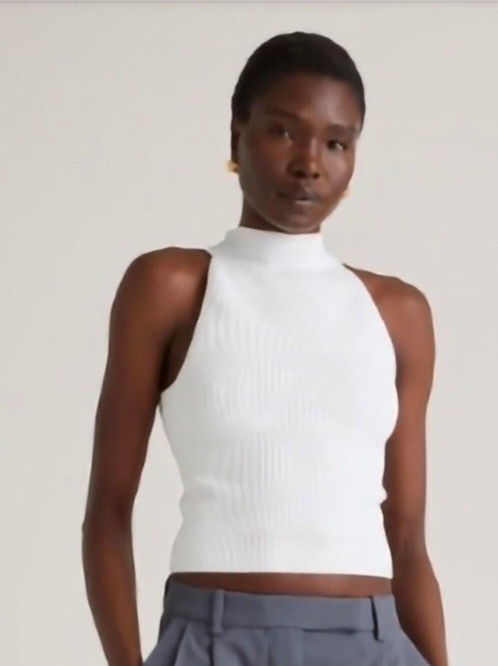 Quince Sleeveless High-Neck Cropped White Ribbed Knit Top Medium NWOT